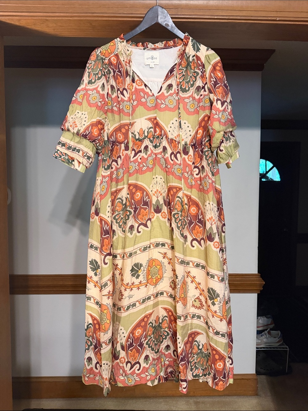 Umgee Olive and Orange Paisley Midi Dress